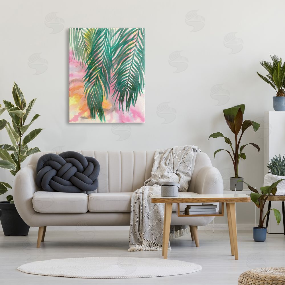 Elvira Errico Hanging Palms Tropical Plant Pink Watercolor Effect Canvas Wall Art Print in Room
