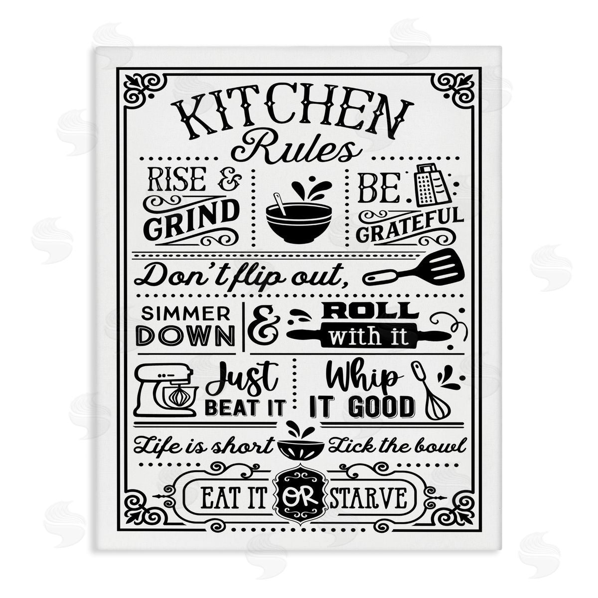Lettered and Lined Witty Kitchen Rules Vintage  Typography  Stretched Canvas Wall Art Print
