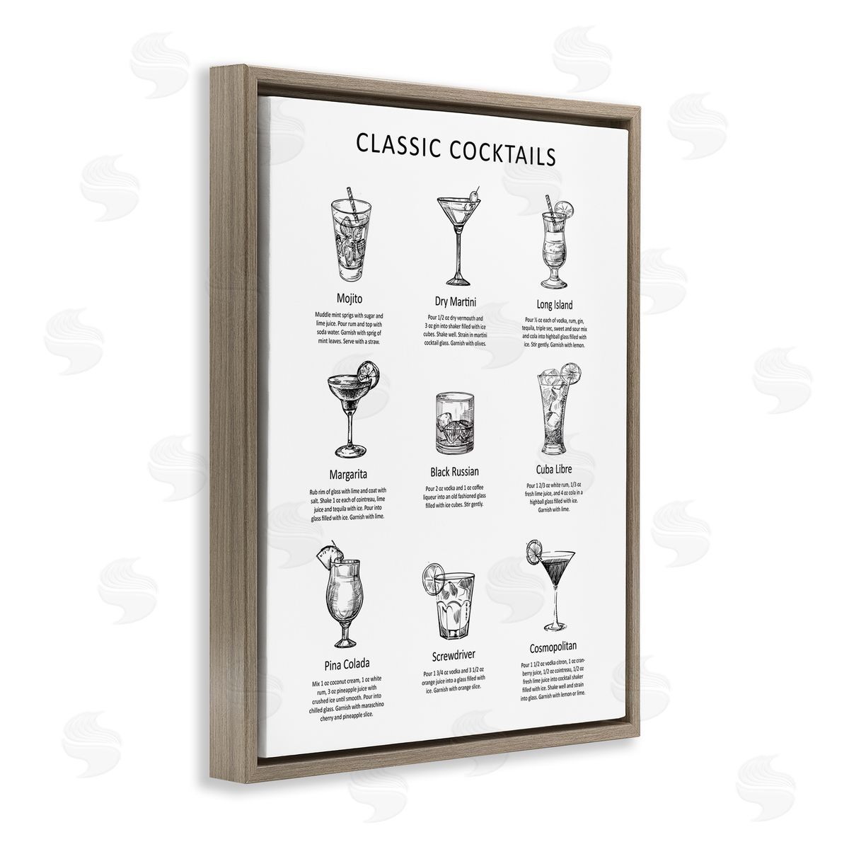 Lettered and Lined Classic Cocktails Mixed Drinks Kitchen Bar Sign Chart Brown Floating Frame Canvas Wall Art Print