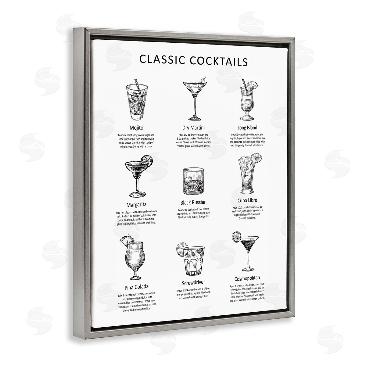 Lettered and Lined Classic Cocktails Mixed Drinks Kitchen Bar Sign Chart Gray Floating Frame Canvas Wall Art Print