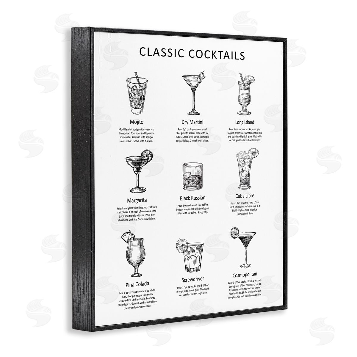 Lettered and Lined Classic Cocktails Mixed Drinks Kitchen Bar Sign Chart Black Framed Giclee Wall Art Print