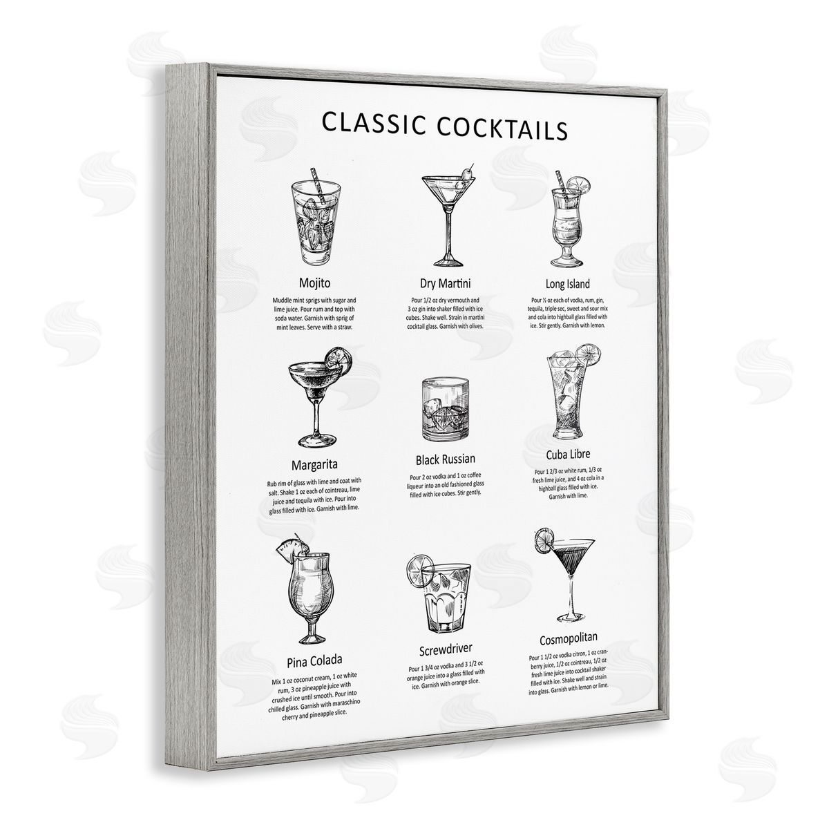 Lettered and Lined Classic Cocktails Mixed Drinks Kitchen Bar Sign Chart Gray Framed Giclee Wall Art Print