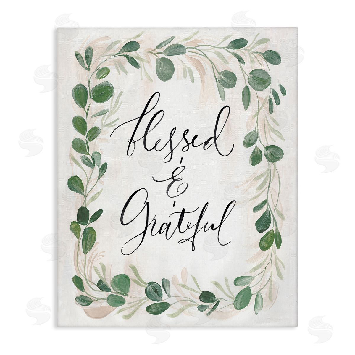 Caverly Smith Blessed & Grateful Botanical Eucalyptus  Calligraphy Stretched Canvas Wall Art Print