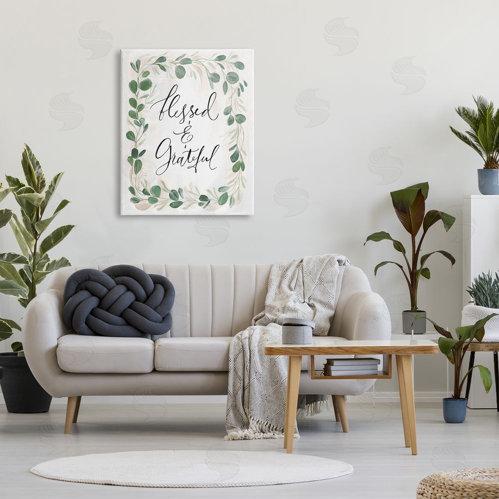 Caverly Smith Blessed & Grateful Botanical Eucalyptus  Calligraphy Canvas Wall Art Print in Room