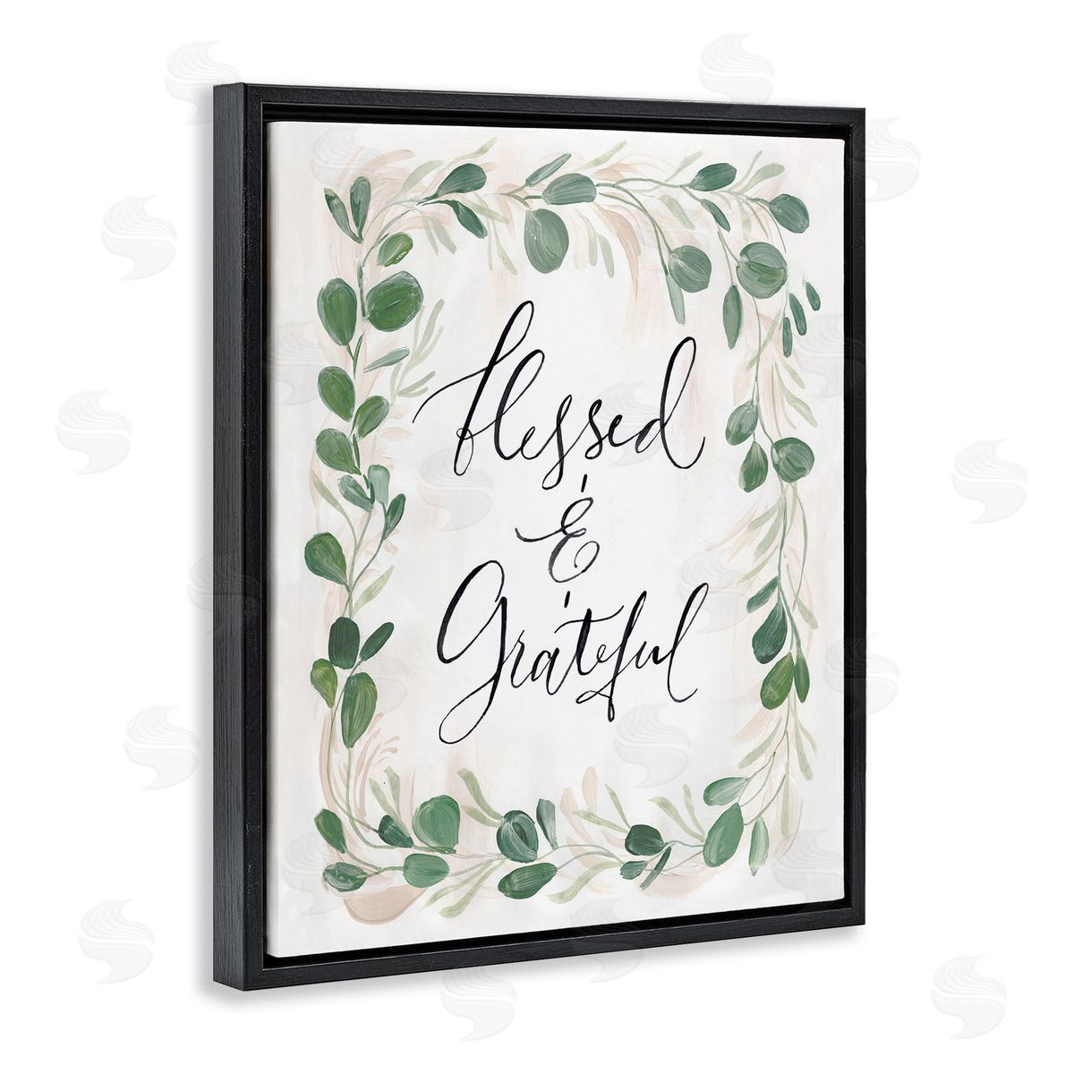 Caverly Smith Blessed & Grateful Botanical Eucalyptus  Calligraphy Black Floating Frame Canvas Wall Art Print