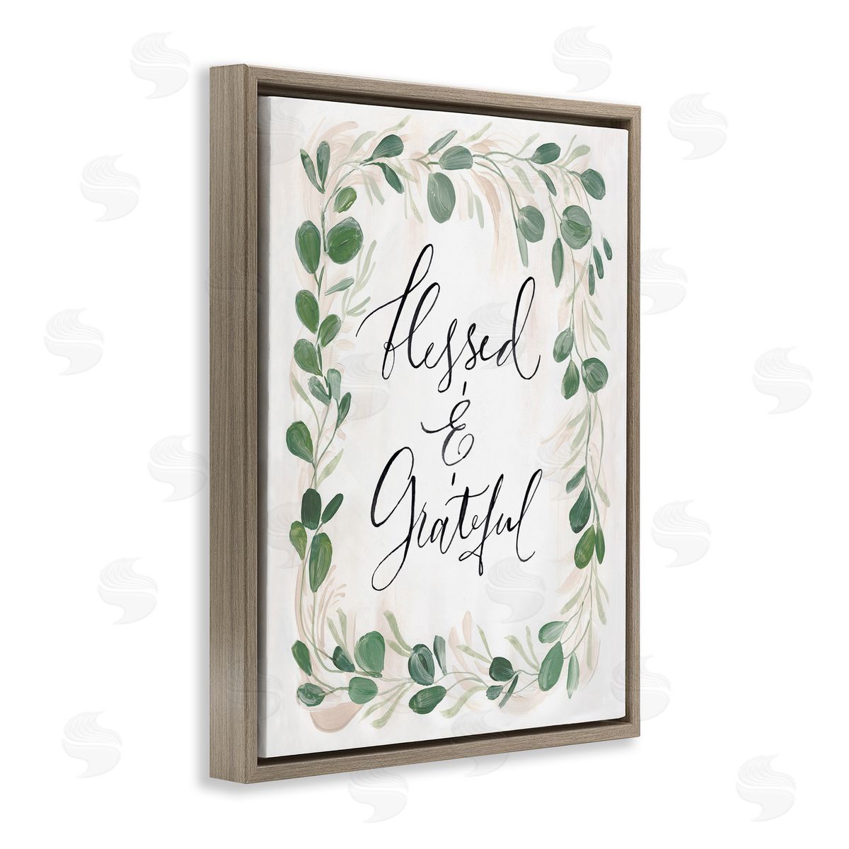 Caverly Smith Blessed & Grateful Botanical Eucalyptus  Calligraphy Brown Floating Frame Canvas Wall Art Print