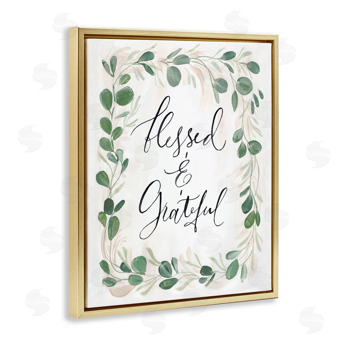Caverly Smith Blessed & Grateful Botanical Eucalyptus  Calligraphy Gold Floating Frame Canvas Wall Art Print