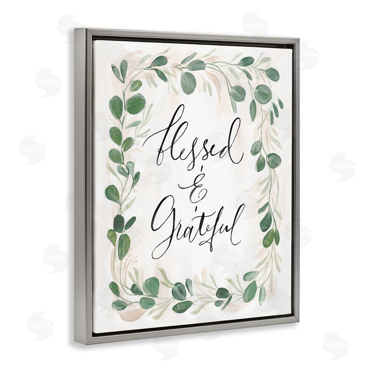 Caverly Smith Blessed & Grateful Botanical Eucalyptus  Calligraphy Gray Floating Frame Canvas Wall Art Print