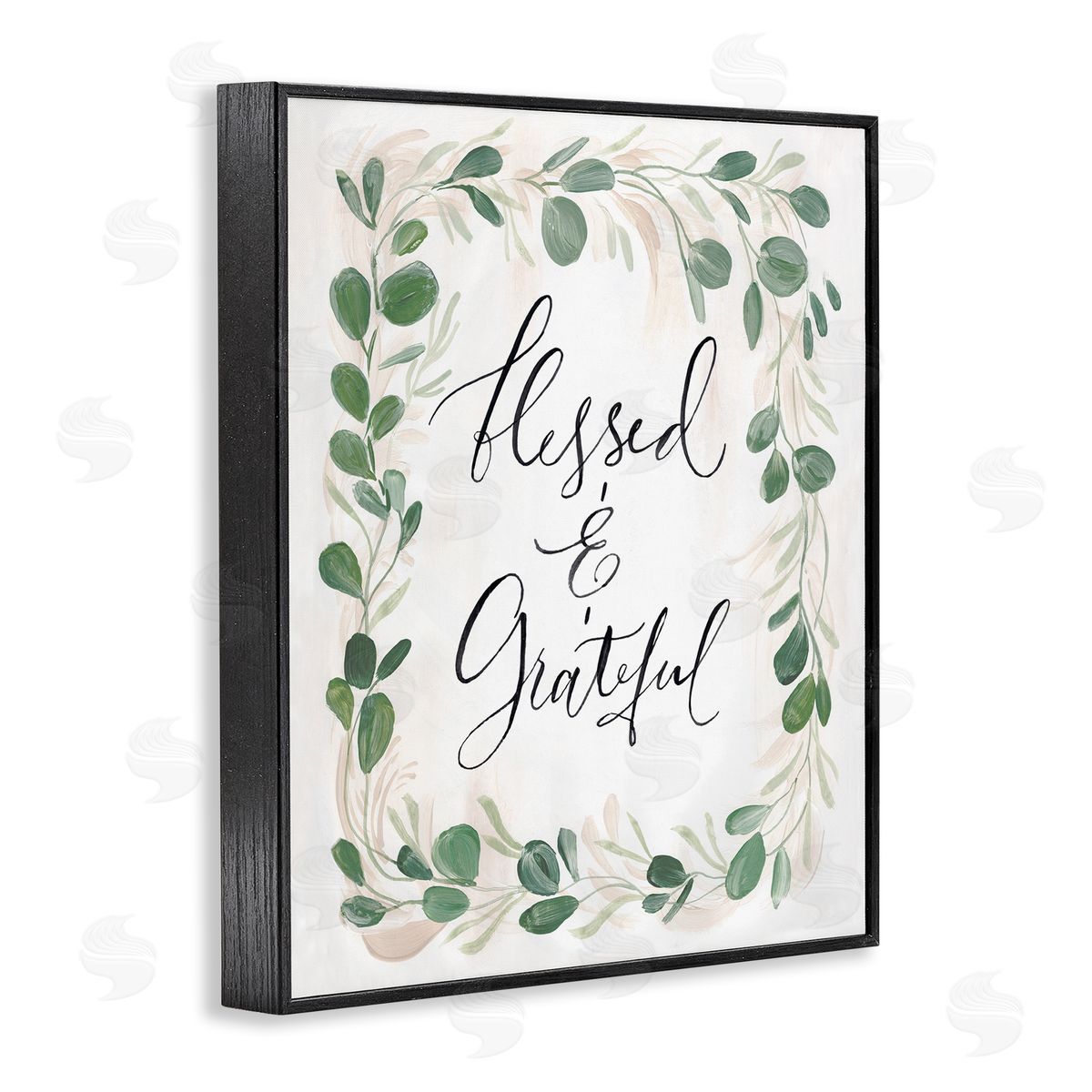 Caverly Smith Blessed & Grateful Botanical Eucalyptus  Calligraphy Black Framed Giclee Wall Art Print