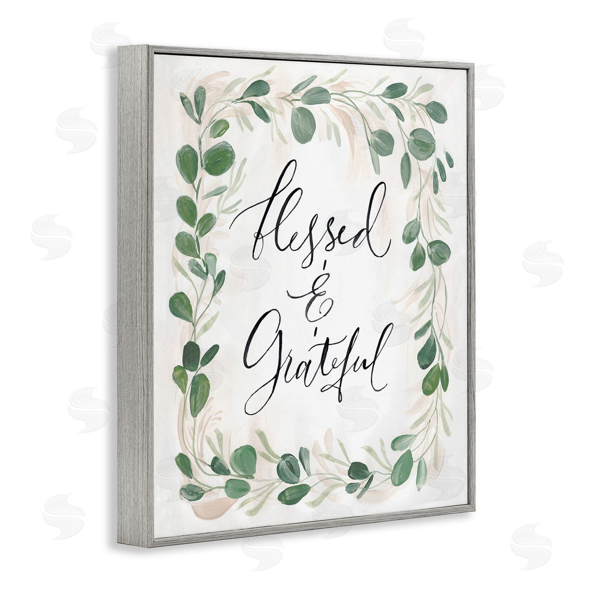 Caverly Smith Blessed & Grateful Botanical Eucalyptus  Calligraphy Gray Framed Giclee Wall Art Print