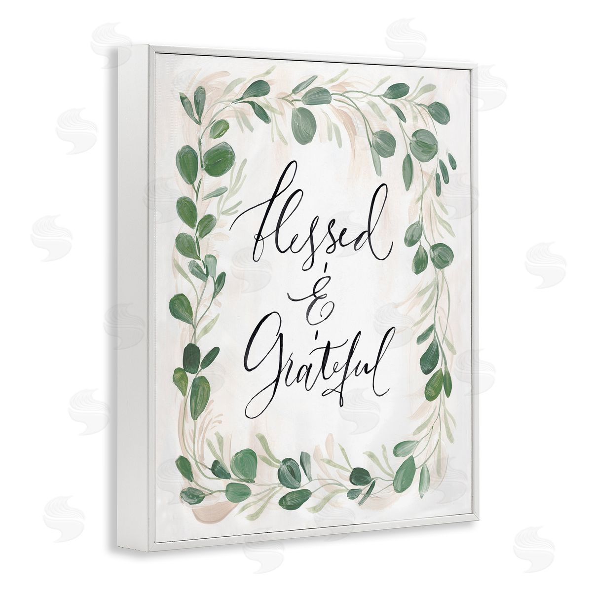 Caverly Smith Blessed & Grateful Botanical Eucalyptus  Calligraphy White Framed Giclee Wall Art Print