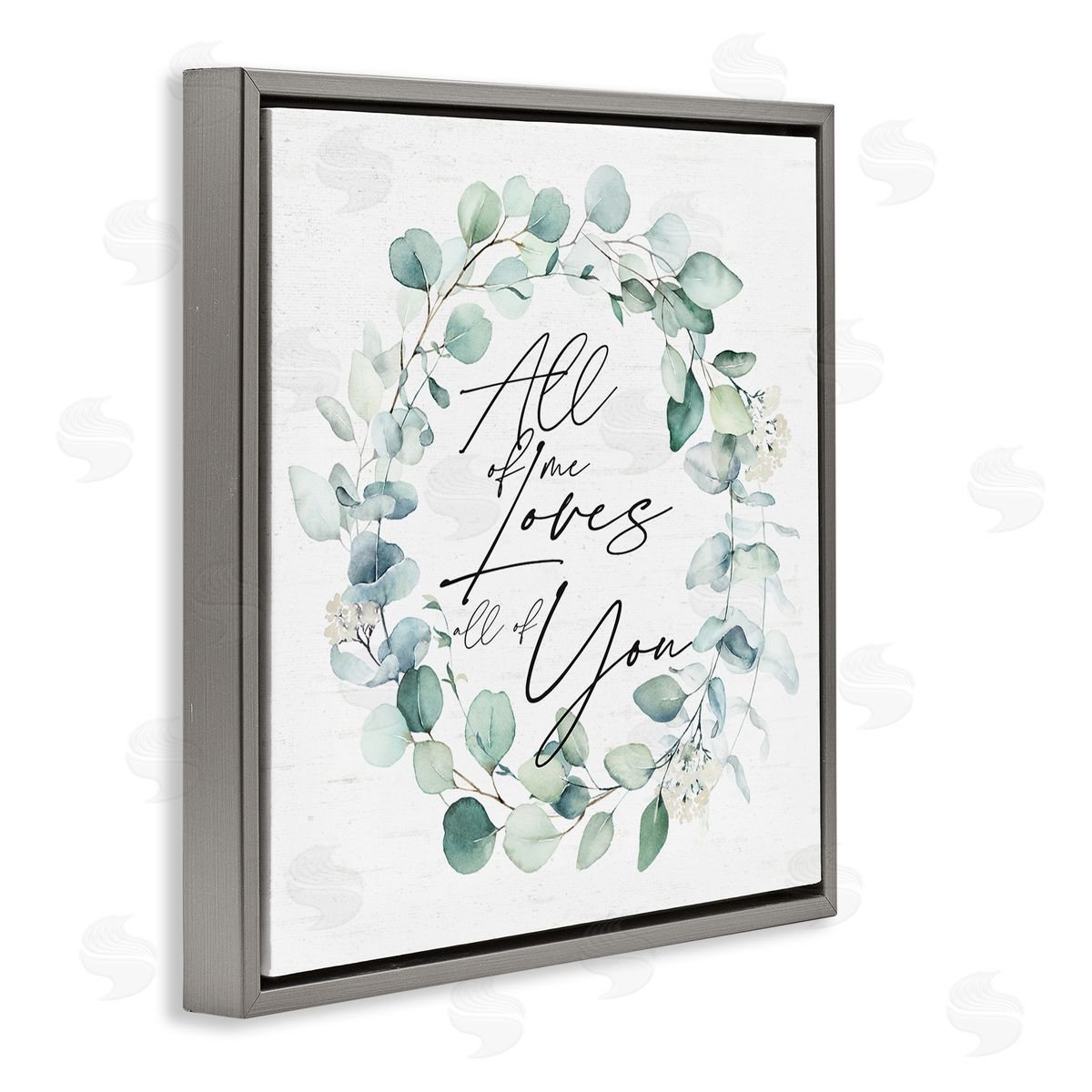 Lettered and Lined Love You Romantic Couple Botanical Plant Wreath Gray Floating Frame Canvas Wall Art Print