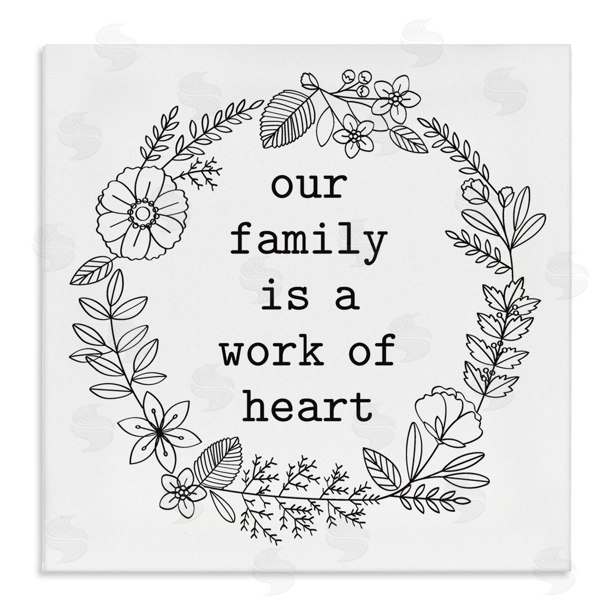 Lettered and Lined Work Of Heart Floral Outline Wreath Family Quote Stretched Canvas Wall Art Print