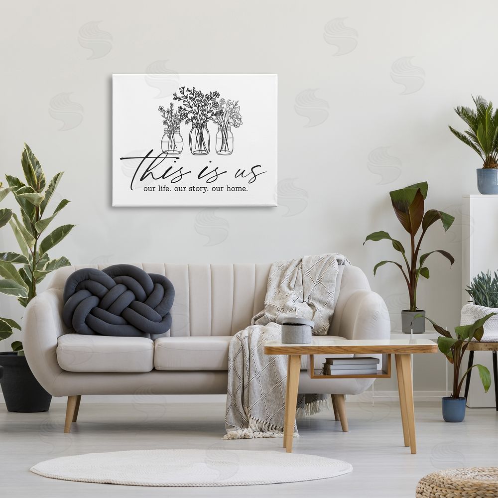 Lettered and Lined This Is Us Family Cottage Florals Herbs Bouquet Canvas Wall Art Print in Room