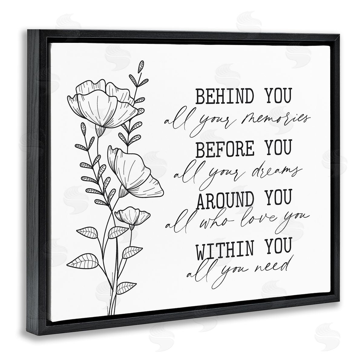 Lettered and Lined Floral Blossoms Loving Quote Behind Before Around Within  Black Floating Frame Canvas Wall Art Print