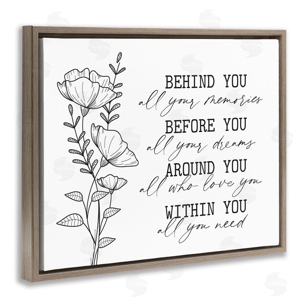 Lettered and Lined Floral Blossoms Loving Quote Behind Before Around Within  Brown Floating Frame Canvas Wall Art Print