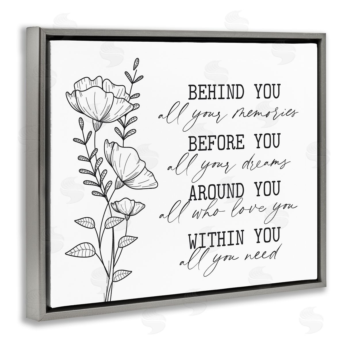 Lettered and Lined Floral Blossoms Loving Quote Behind Before Around Within  Gray Floating Frame Canvas Wall Art Print