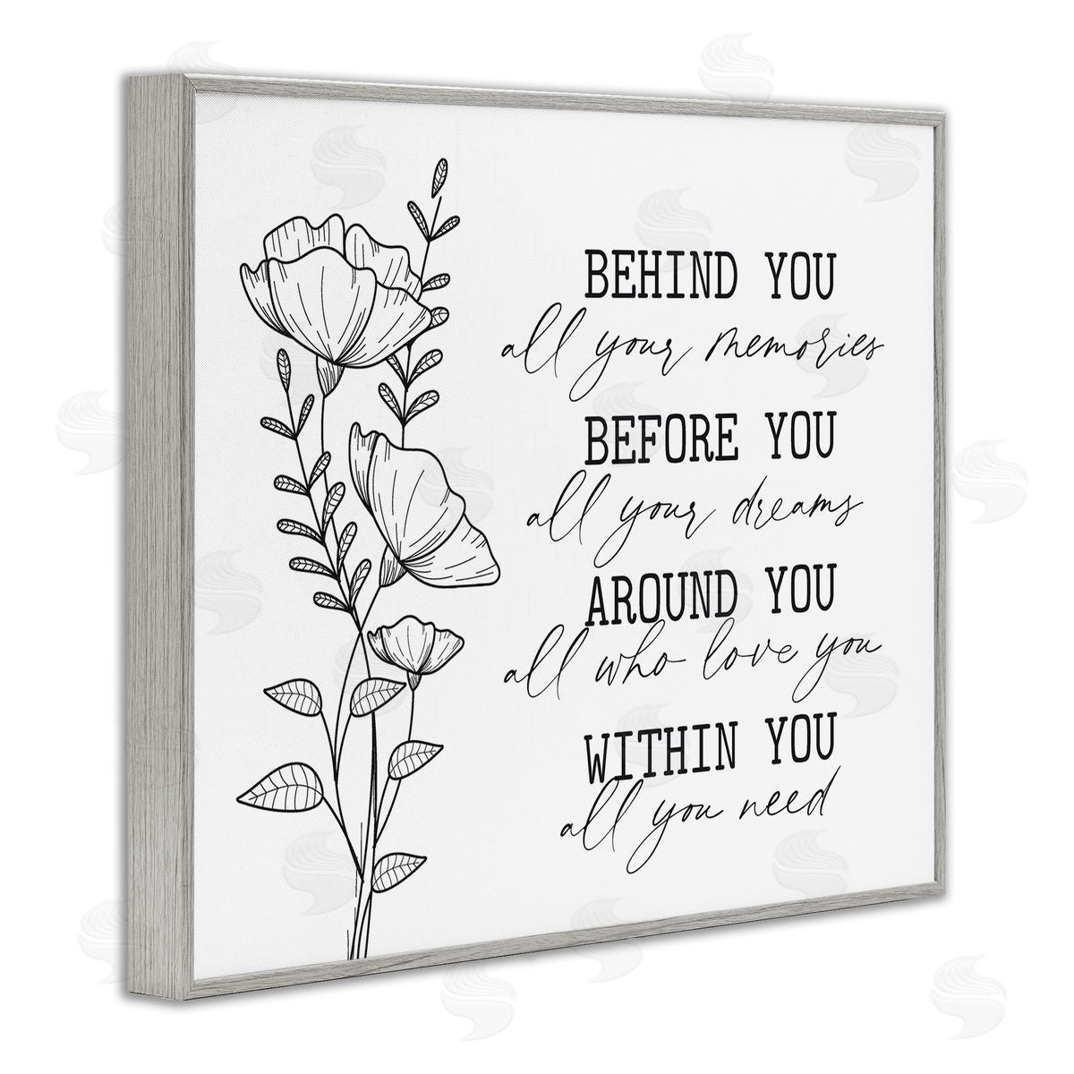 Lettered and Lined Floral Blossoms Loving Quote Behind Before Around Within  Gray Framed Giclee Wall Art Print