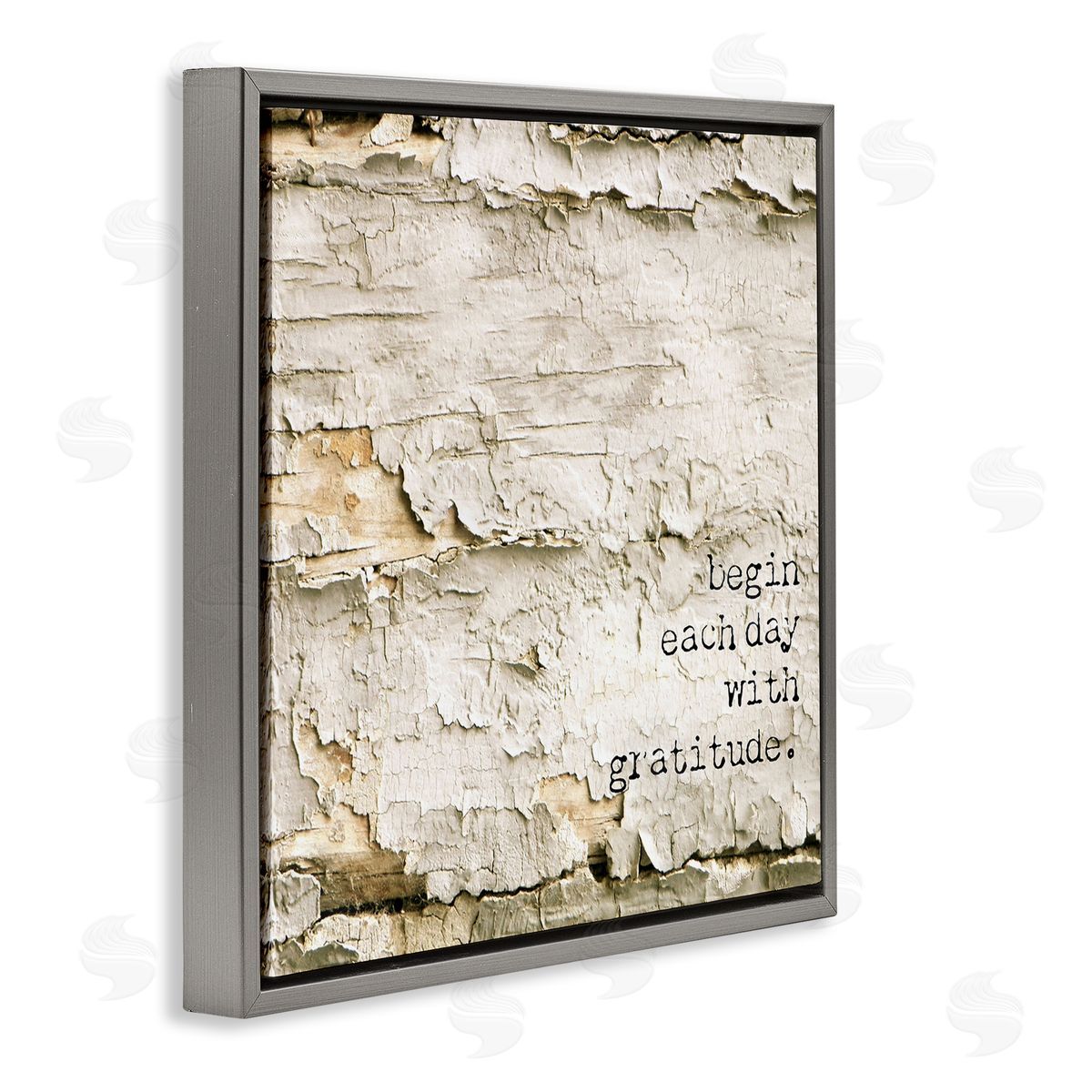 Graffitee Studios Inspiring Gratitude Typography Phrase Rustic Flaked Tree  Gray Floating Frame Canvas Wall Art Print