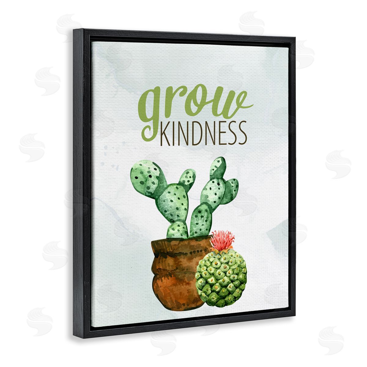 Kim Allen Grow Kindness Calligraphy Phrase Potted Cactus Plants Black Floating Frame Canvas Wall Art Print