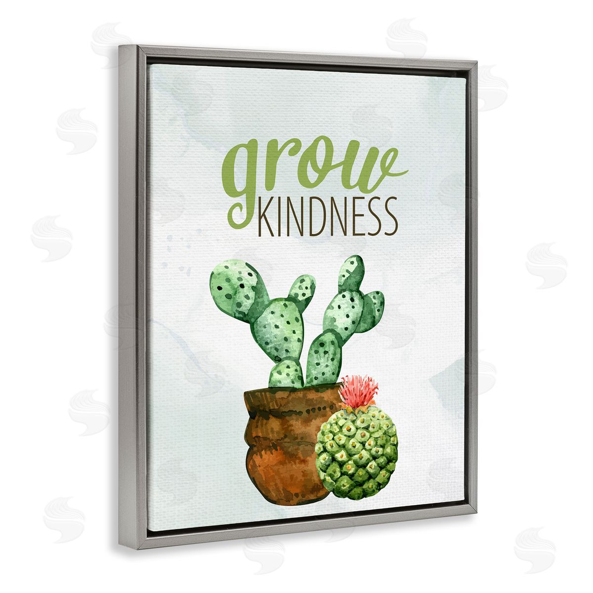 Kim Allen Grow Kindness Calligraphy Phrase Potted Cactus Plants Gray Floating Frame Canvas Wall Art Print
