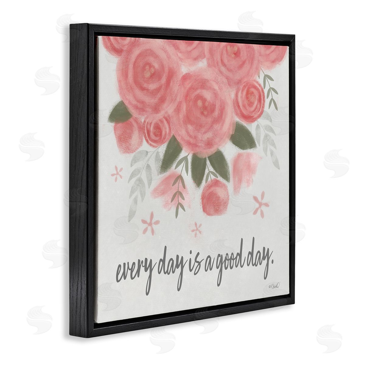 Kate Sherrill Uplifting Pink Roses Flower Blossom Pattern Phrase  Black Floating Frame Canvas Wall Art Print