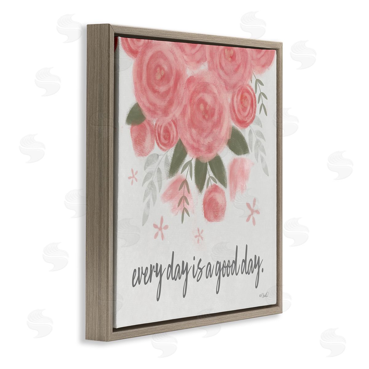 Kate Sherrill Uplifting Pink Roses Flower Blossom Pattern Phrase  Brown Floating Frame Canvas Wall Art Print
