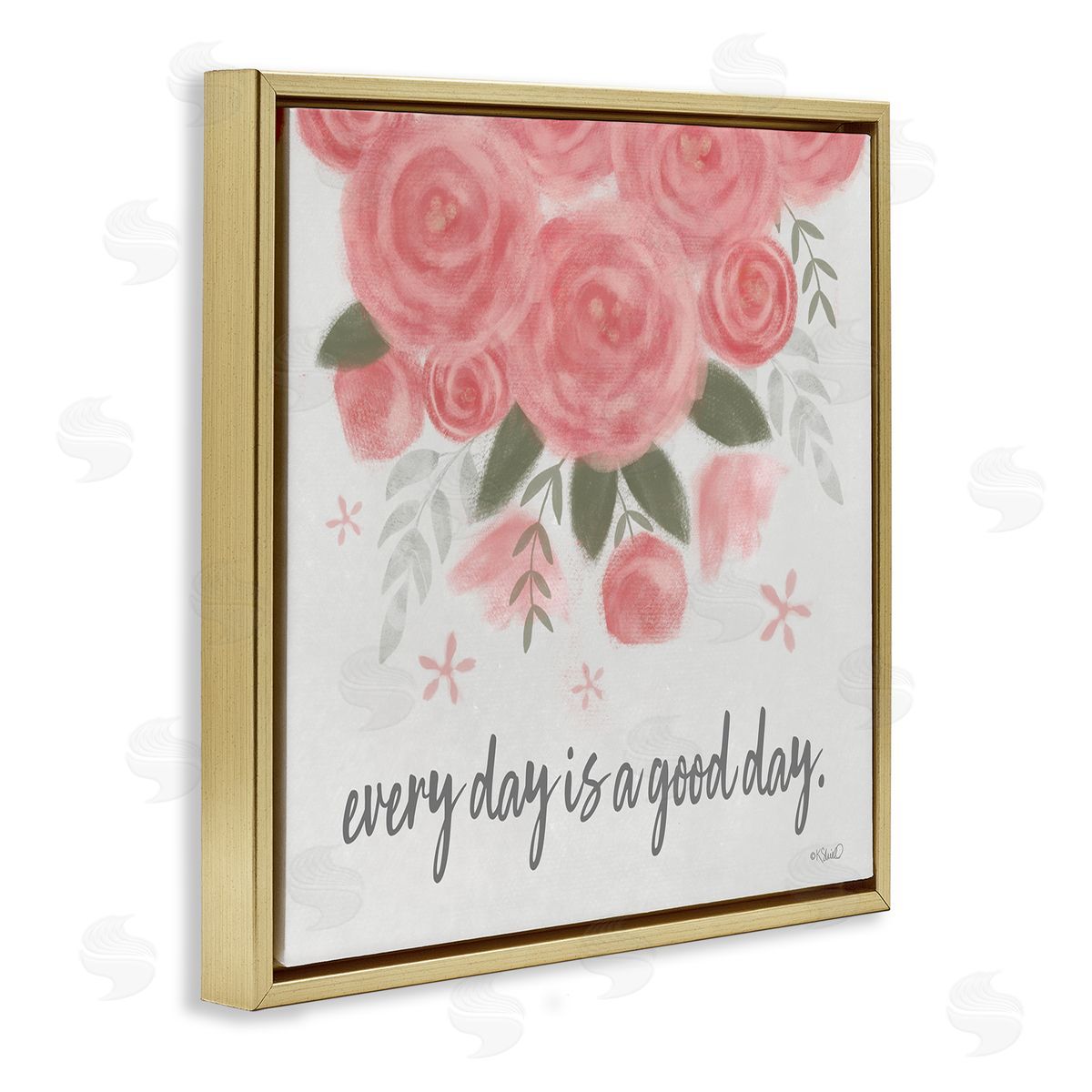 Kate Sherrill Uplifting Pink Roses Flower Blossom Pattern Phrase  Gold Floating Frame Canvas Wall Art Print