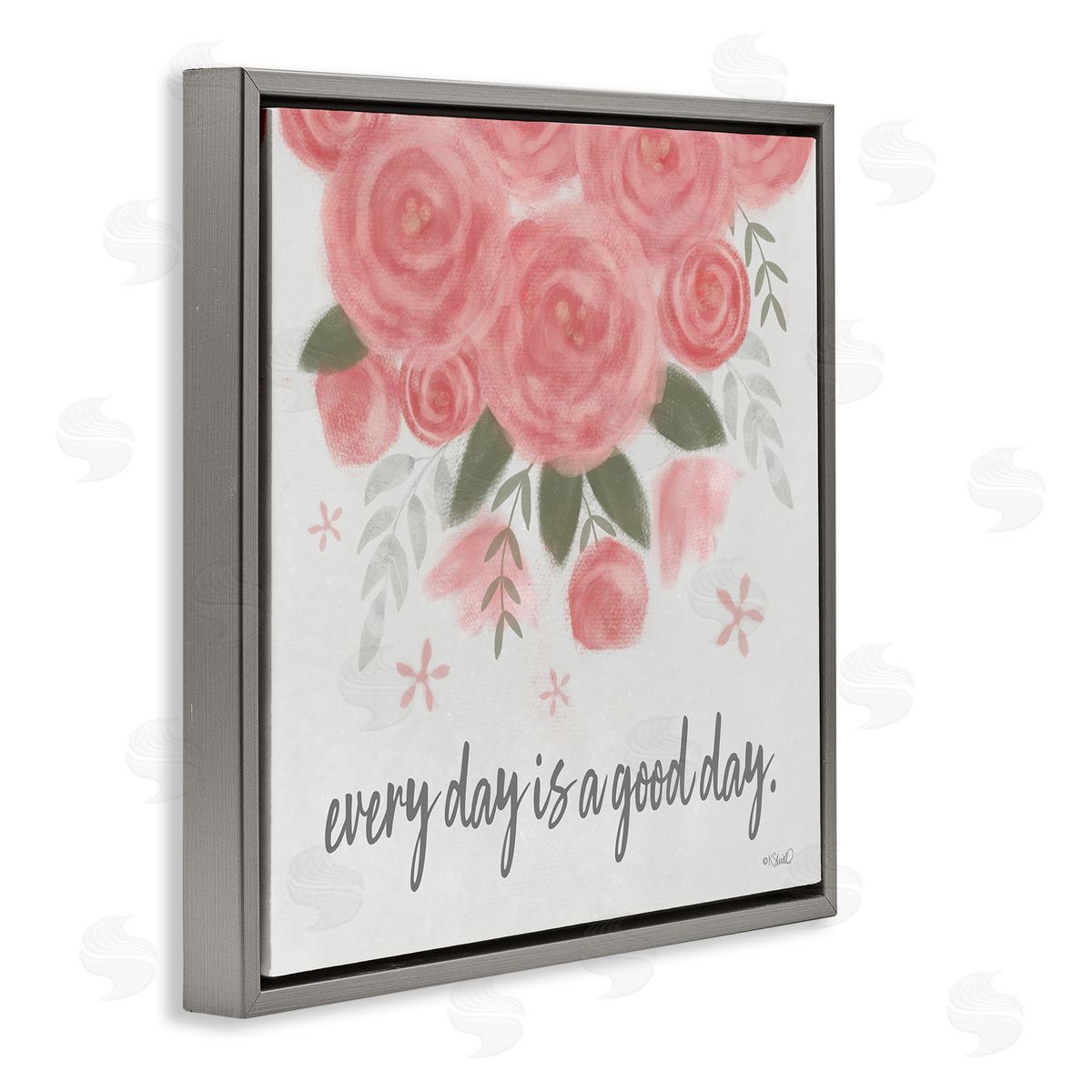 Kate Sherrill Uplifting Pink Roses Flower Blossom Pattern Phrase  Gray Floating Frame Canvas Wall Art Print