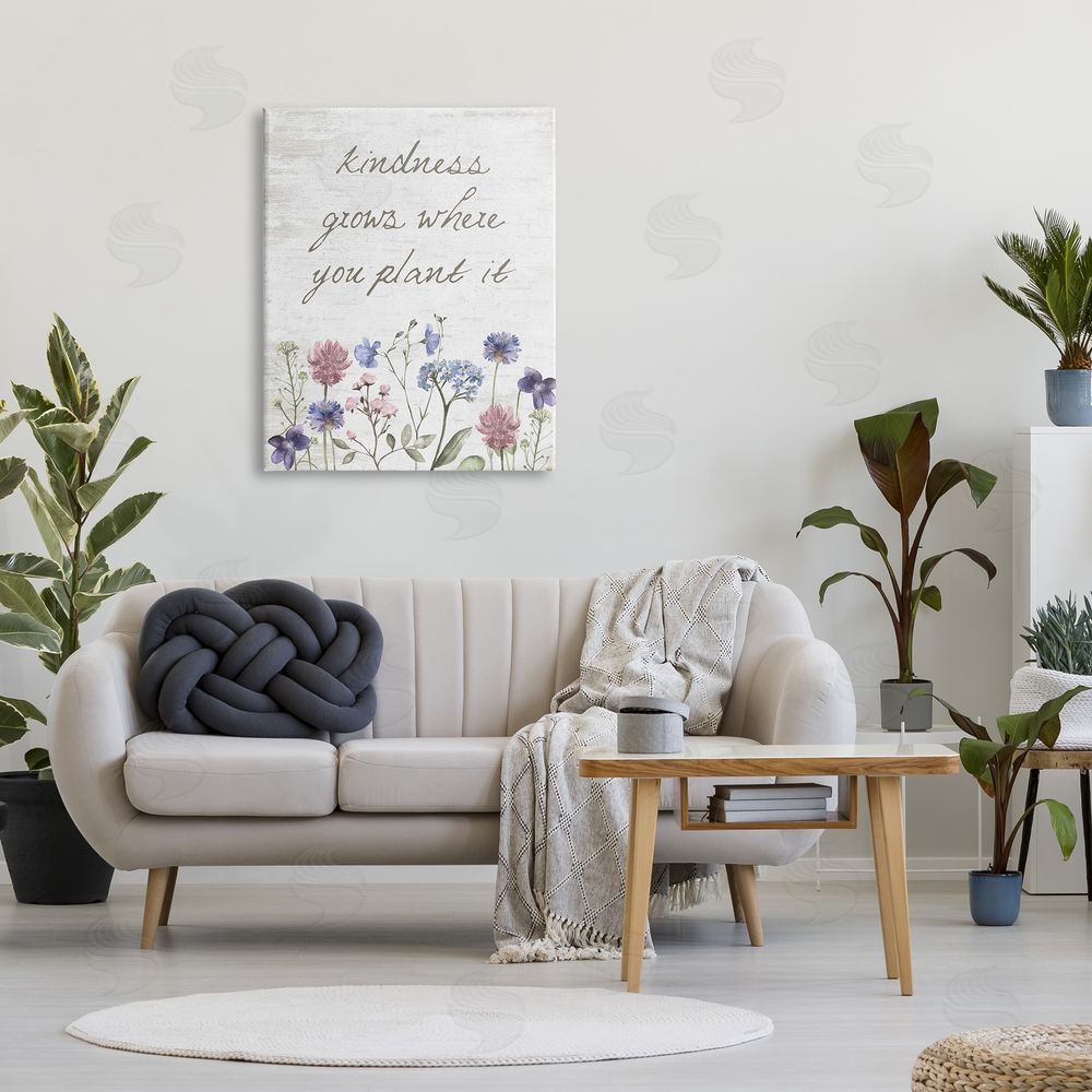 Lettered and Lined Kindness Grows Blooming Florals Rustic Grain Pattern Canvas Wall Art Print in Room