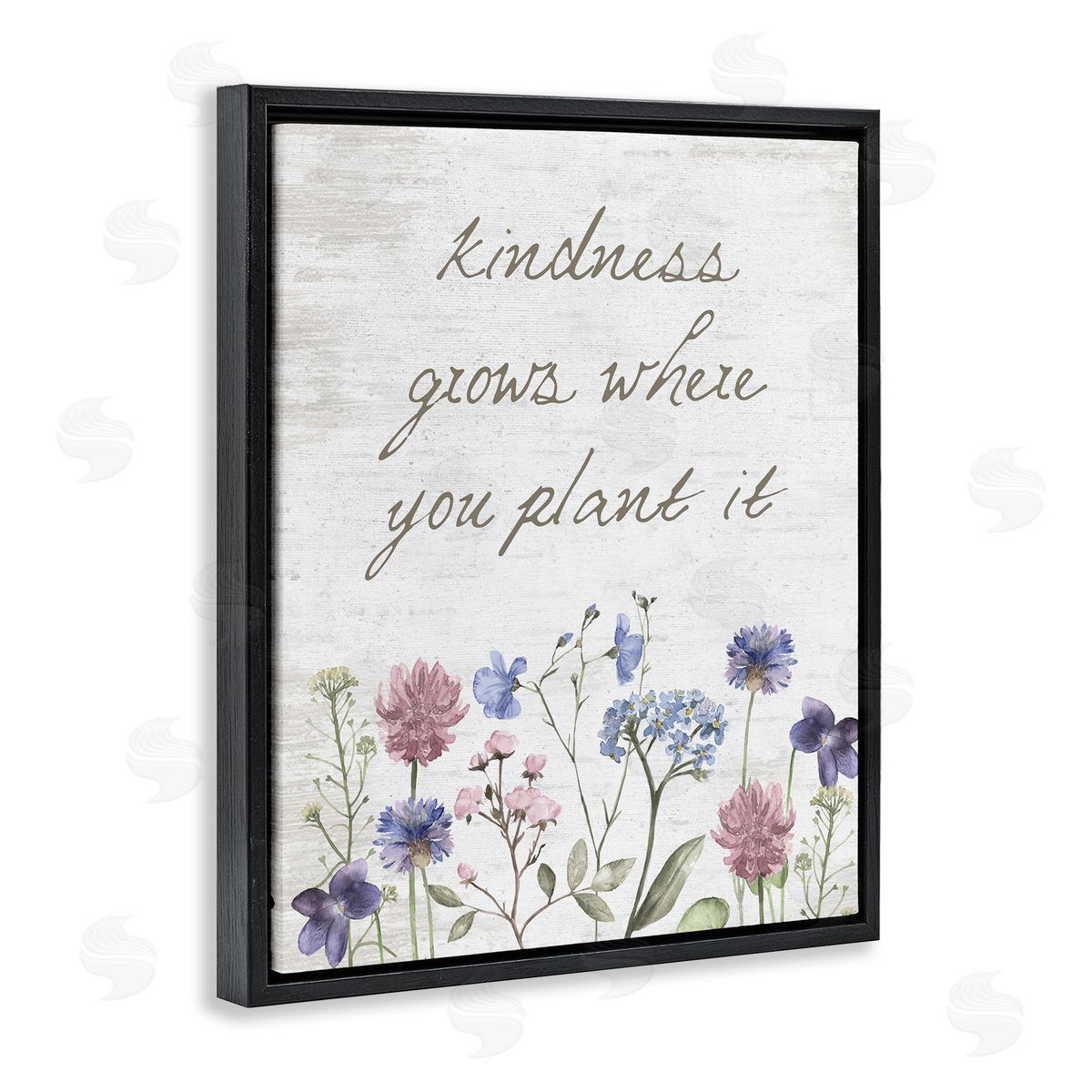 Lettered and Lined Kindness Grows Blooming Florals Rustic Grain Pattern Black Floating Frame Canvas Wall Art Print
