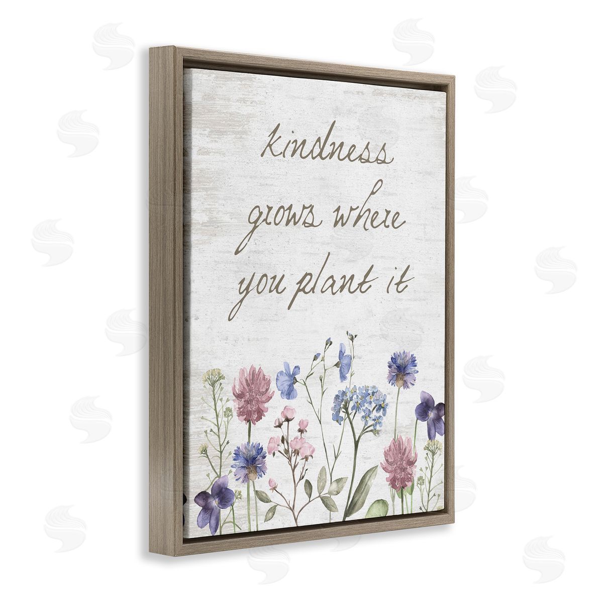 Lettered and Lined Kindness Grows Blooming Florals Rustic Grain Pattern Brown Floating Frame Canvas Wall Art Print