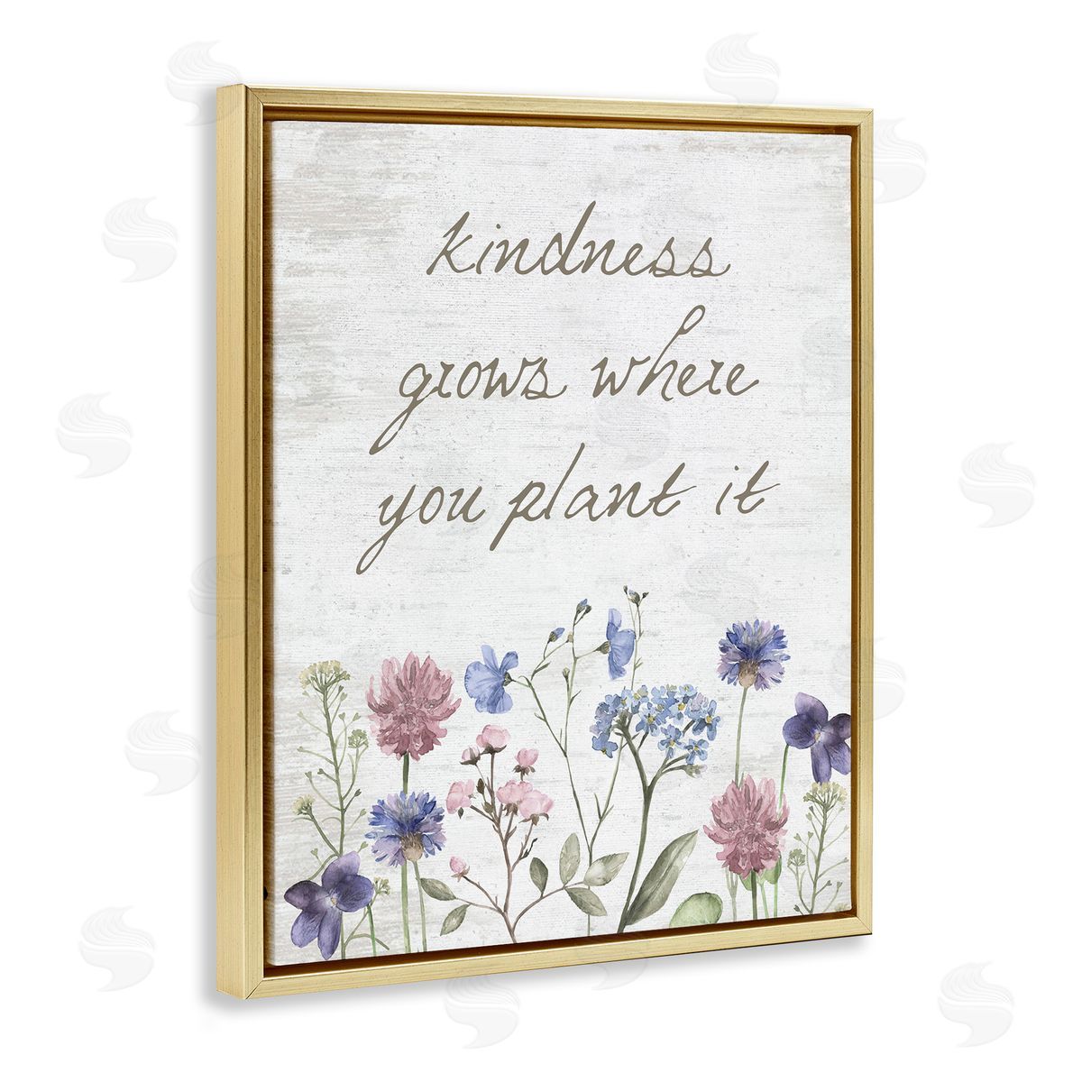 Lettered and Lined Kindness Grows Blooming Florals Rustic Grain Pattern Gold Floating Frame Canvas Wall Art Print