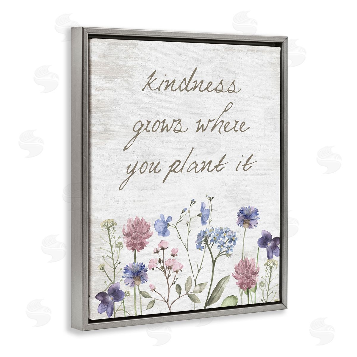 Lettered and Lined Kindness Grows Blooming Florals Rustic Grain Pattern Gray Floating Frame Canvas Wall Art Print