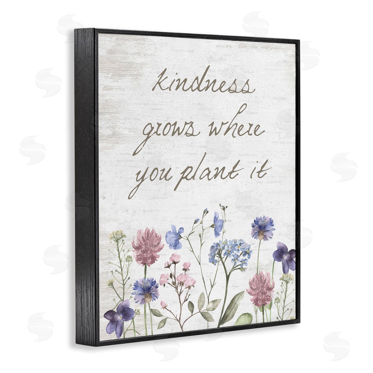 Lettered and Lined Kindness Grows Blooming Florals Rustic Grain Pattern Black Framed Giclee Wall Art Print