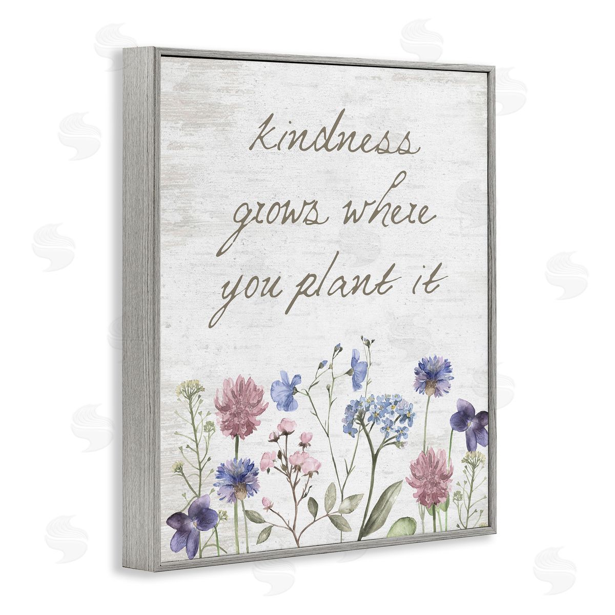 Lettered and Lined Kindness Grows Blooming Florals Rustic Grain Pattern Gray Framed Giclee Wall Art Print