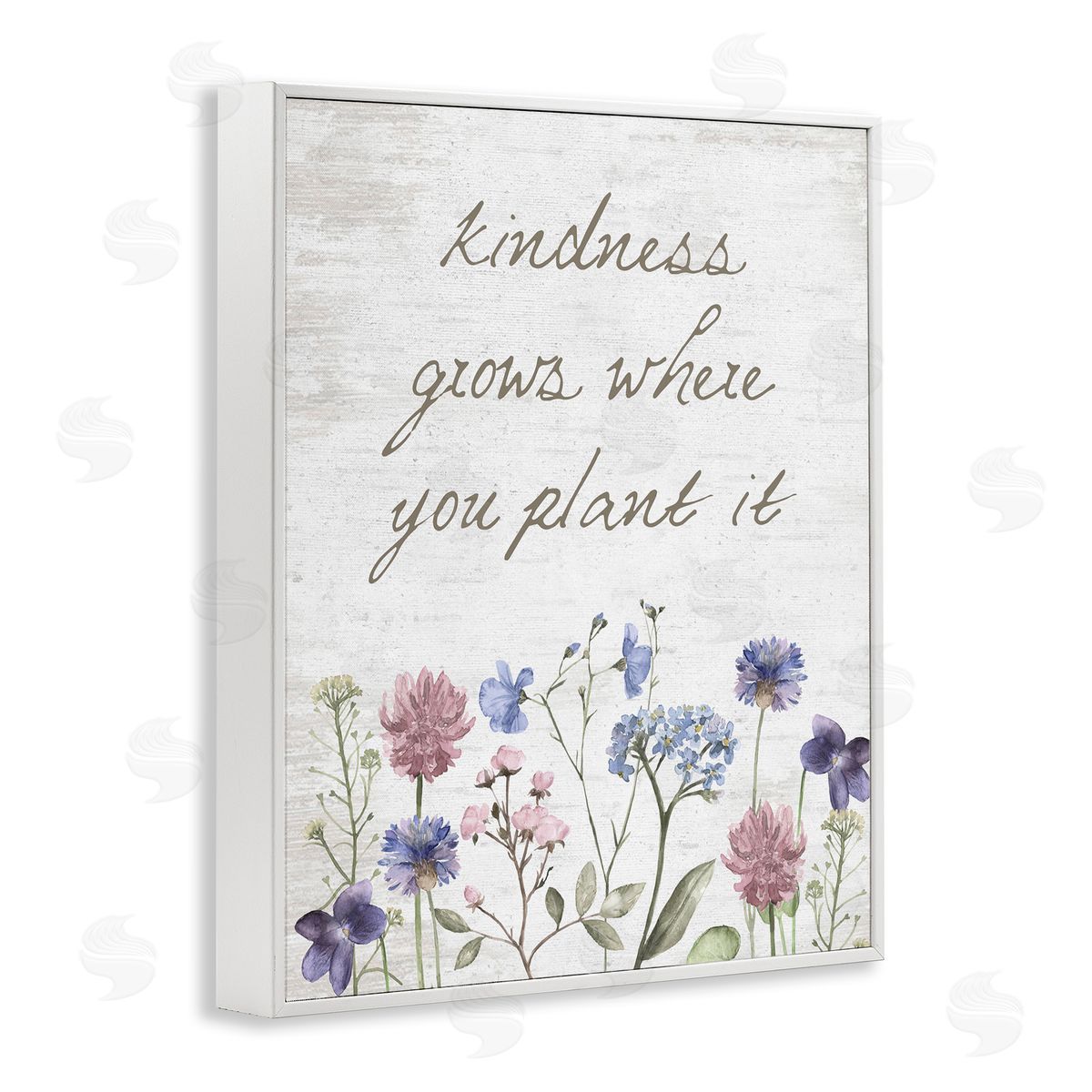 Lettered and Lined Kindness Grows Blooming Florals Rustic Grain Pattern White Framed Giclee Wall Art Print
