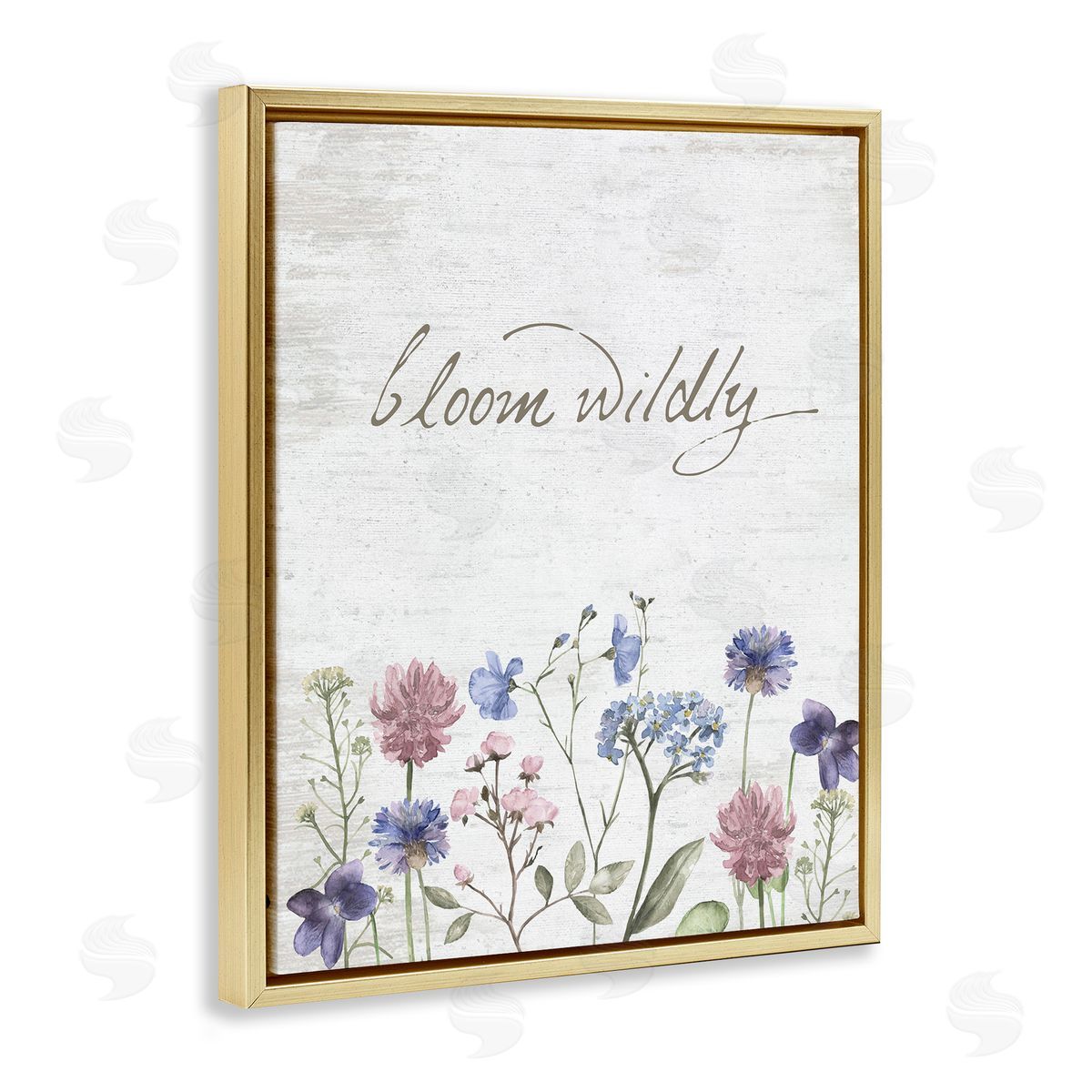 Lettered and Lined Bloom Wildly Flower Blossoms Botanicals Rustic Gold Floating Frame Canvas Wall Art Print