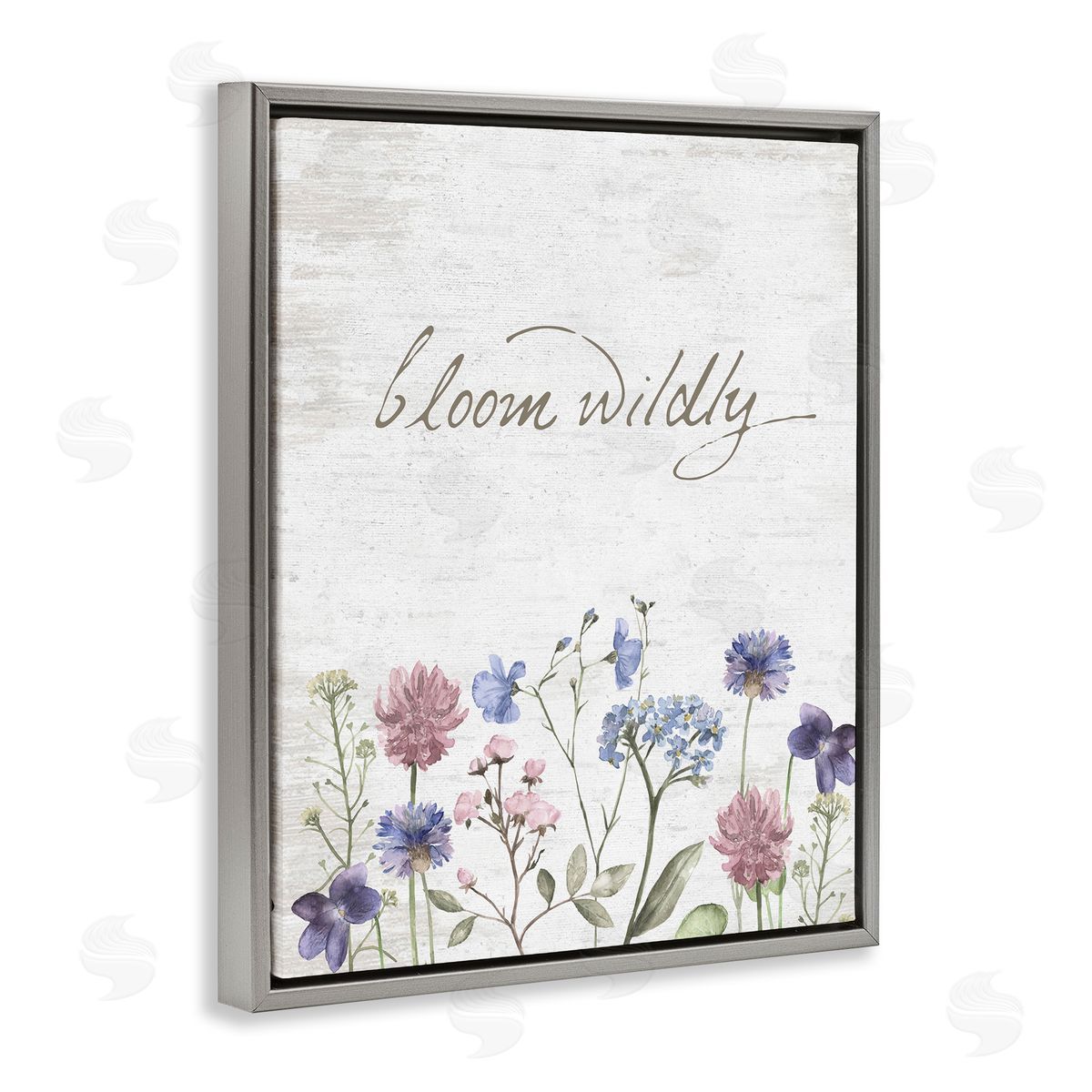 Lettered and Lined Bloom Wildly Flower Blossoms Botanicals Rustic Gray Floating Frame Canvas Wall Art Print