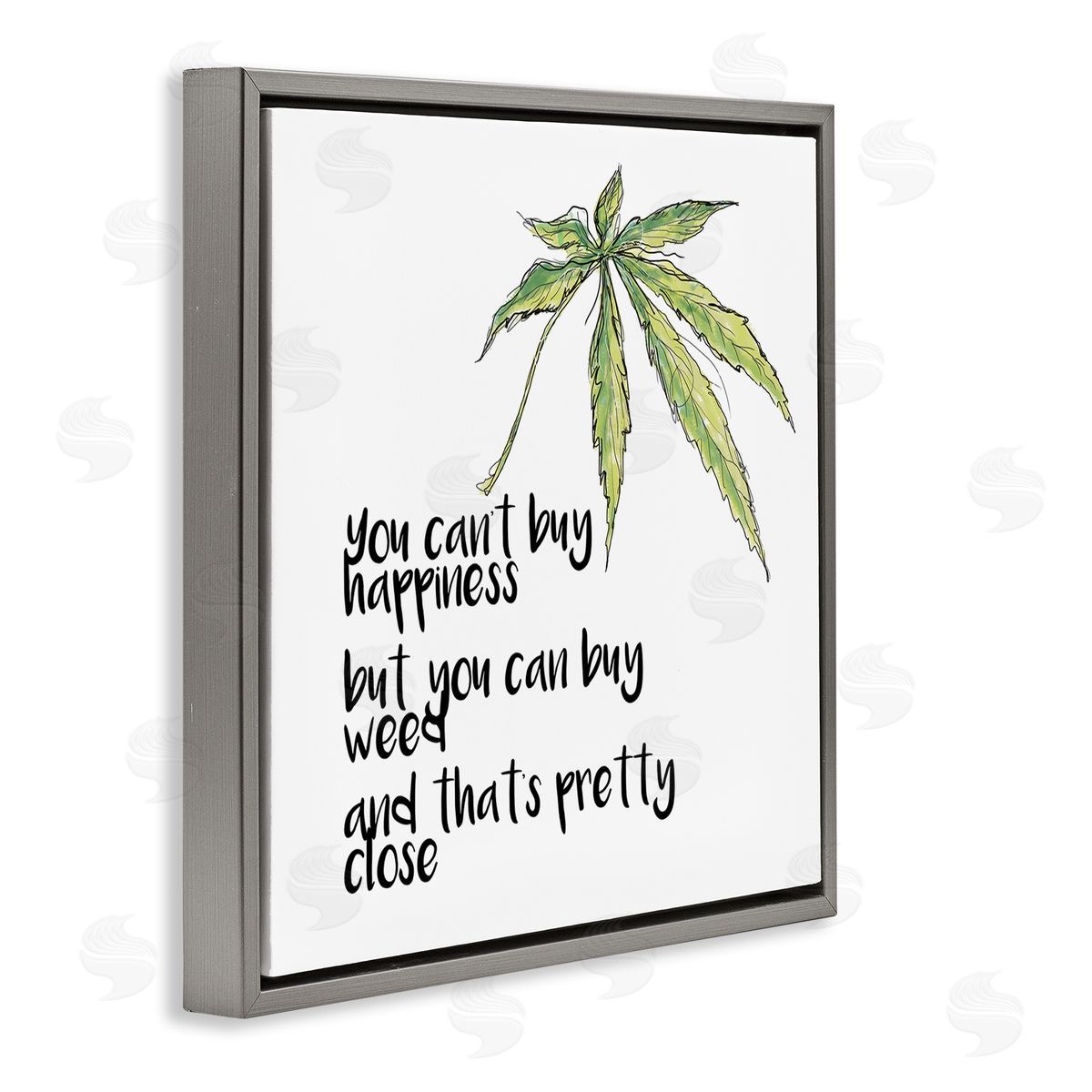 J. Weiss Can't Buy Happiness Funny Hemp Botanical Saying  Gray Floating Frame Canvas Wall Art Print