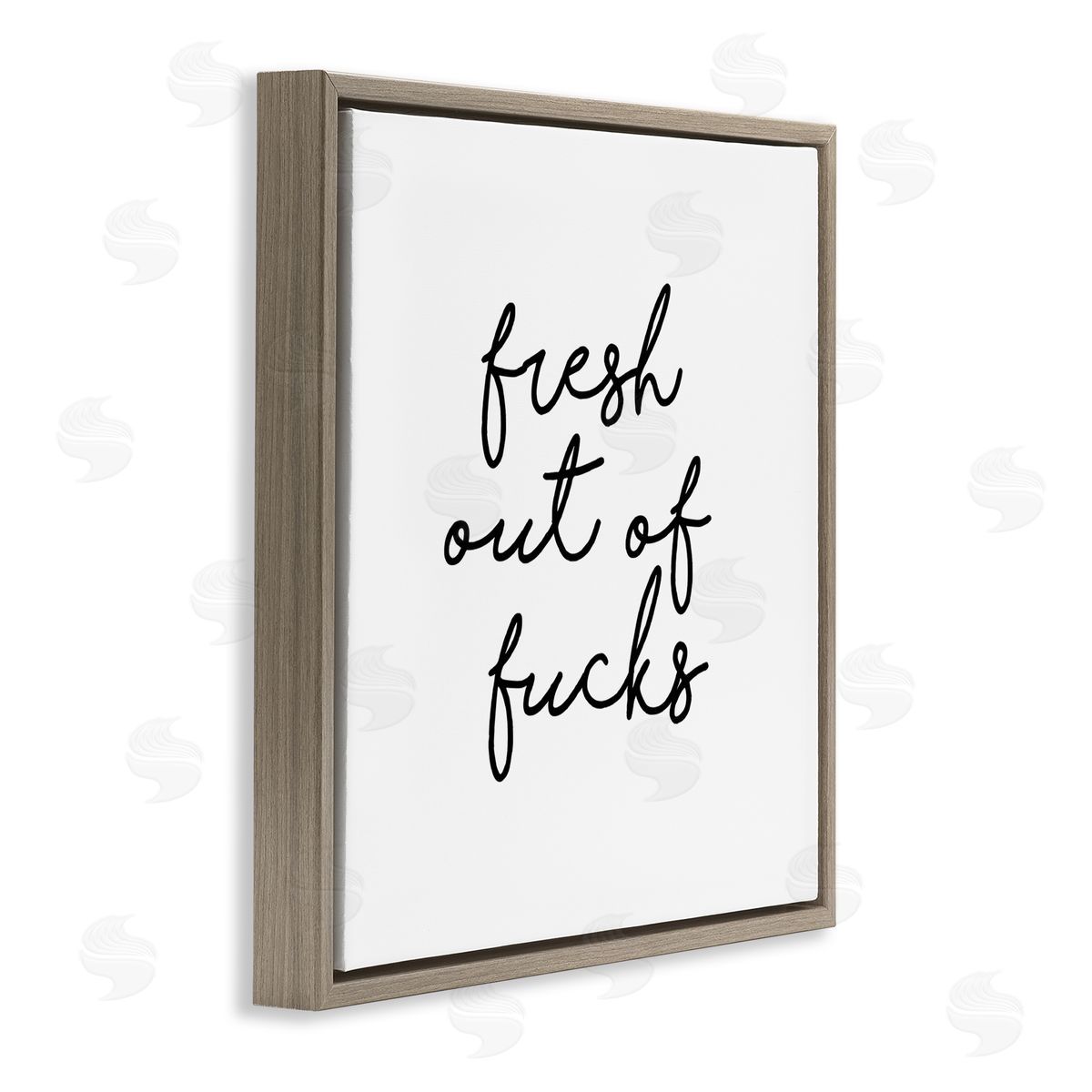 J. Weiss Fresh Out Of F*** Humorous Cursive Calligraphy Brown Floating Frame Canvas Wall Art Print