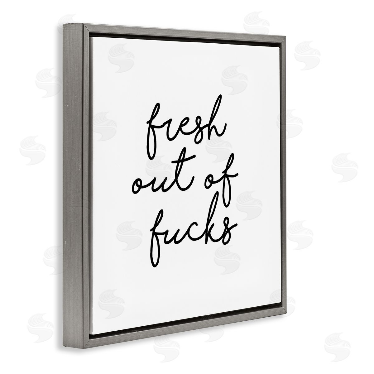 J. Weiss Fresh Out Of F*** Humorous Cursive Calligraphy Gray Floating Frame Canvas Wall Art Print