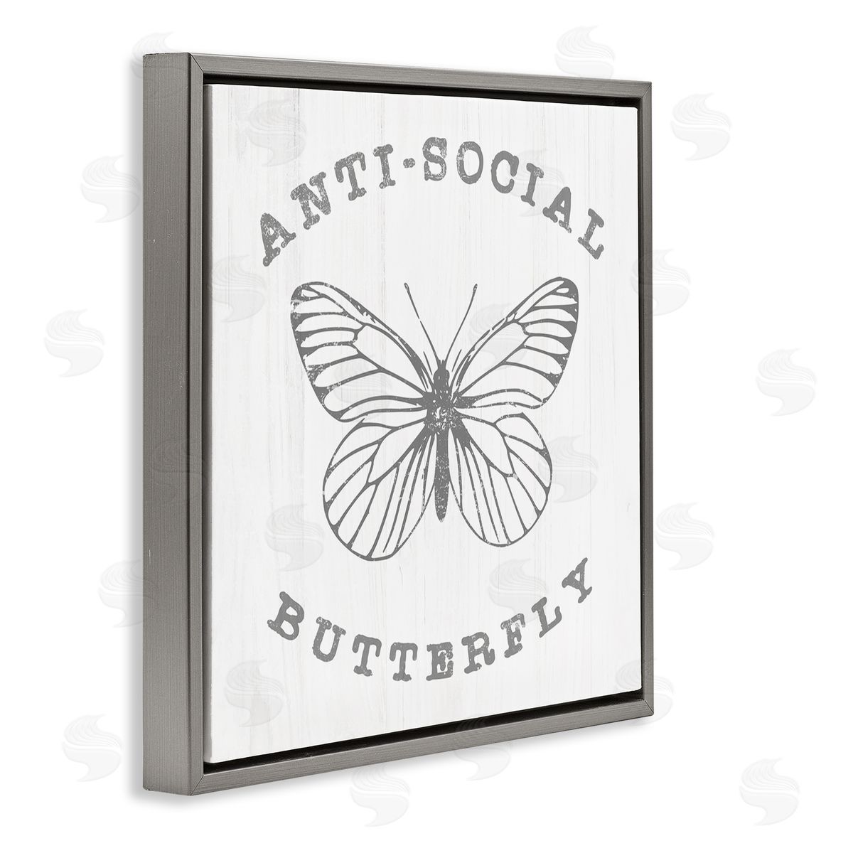 Stupell Studio Antisocial Butterfly Insect Outline Vintage Weathered Design Gray Floating Frame Canvas Wall Art Print