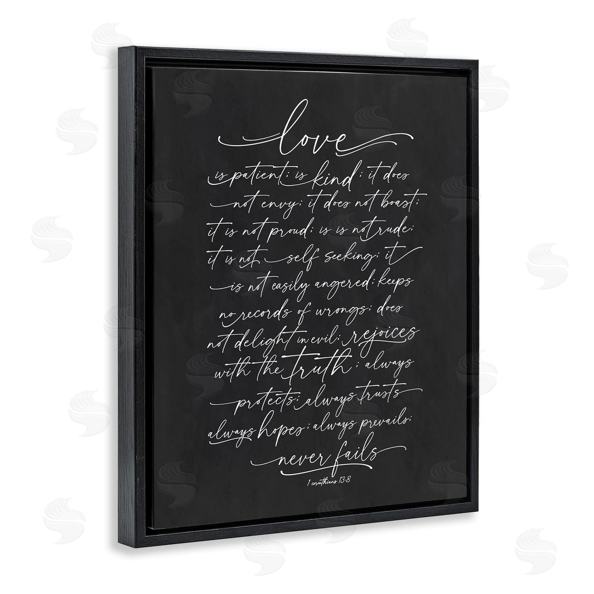 Lettered and Lined Uplifting Love Verse Religious Fancy Script Typography Black Floating Frame Canvas Wall Art Print