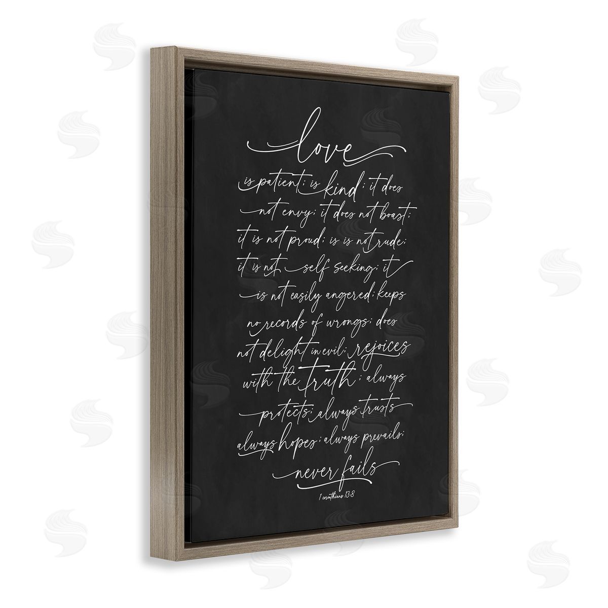 Lettered and Lined Uplifting Love Verse Religious Fancy Script Typography Brown Floating Frame Canvas Wall Art Print