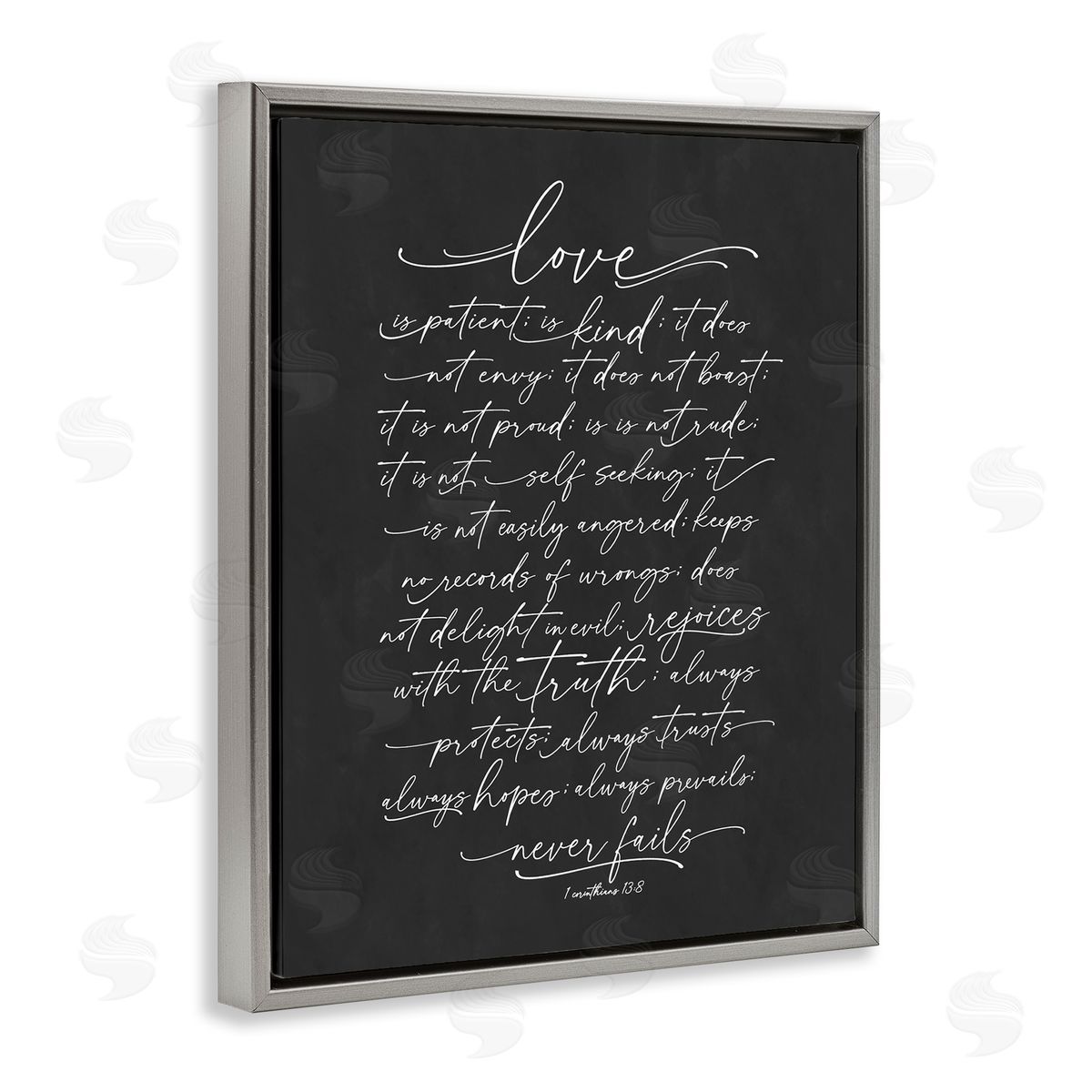 Lettered and Lined Uplifting Love Verse Religious Fancy Script Typography Gray Floating Frame Canvas Wall Art Print