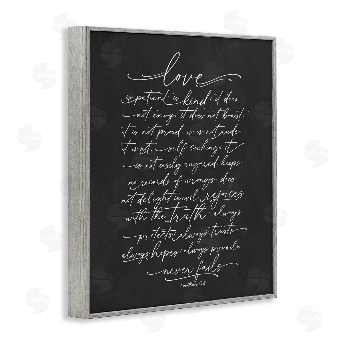 Lettered and Lined Uplifting Love Verse Religious Fancy Script Typography Gray Framed Giclee Wall Art Print