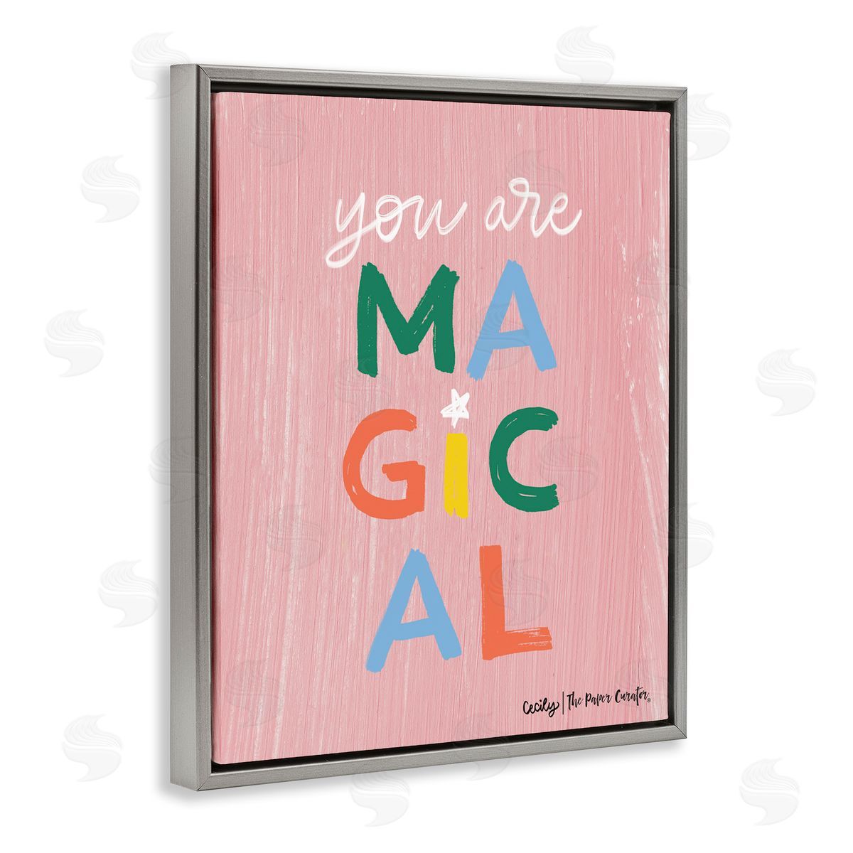 Cecily Moore You Are Magical Rainbow Letters Whimsical Paint Strokes Gray Floating Frame Canvas Wall Art Print