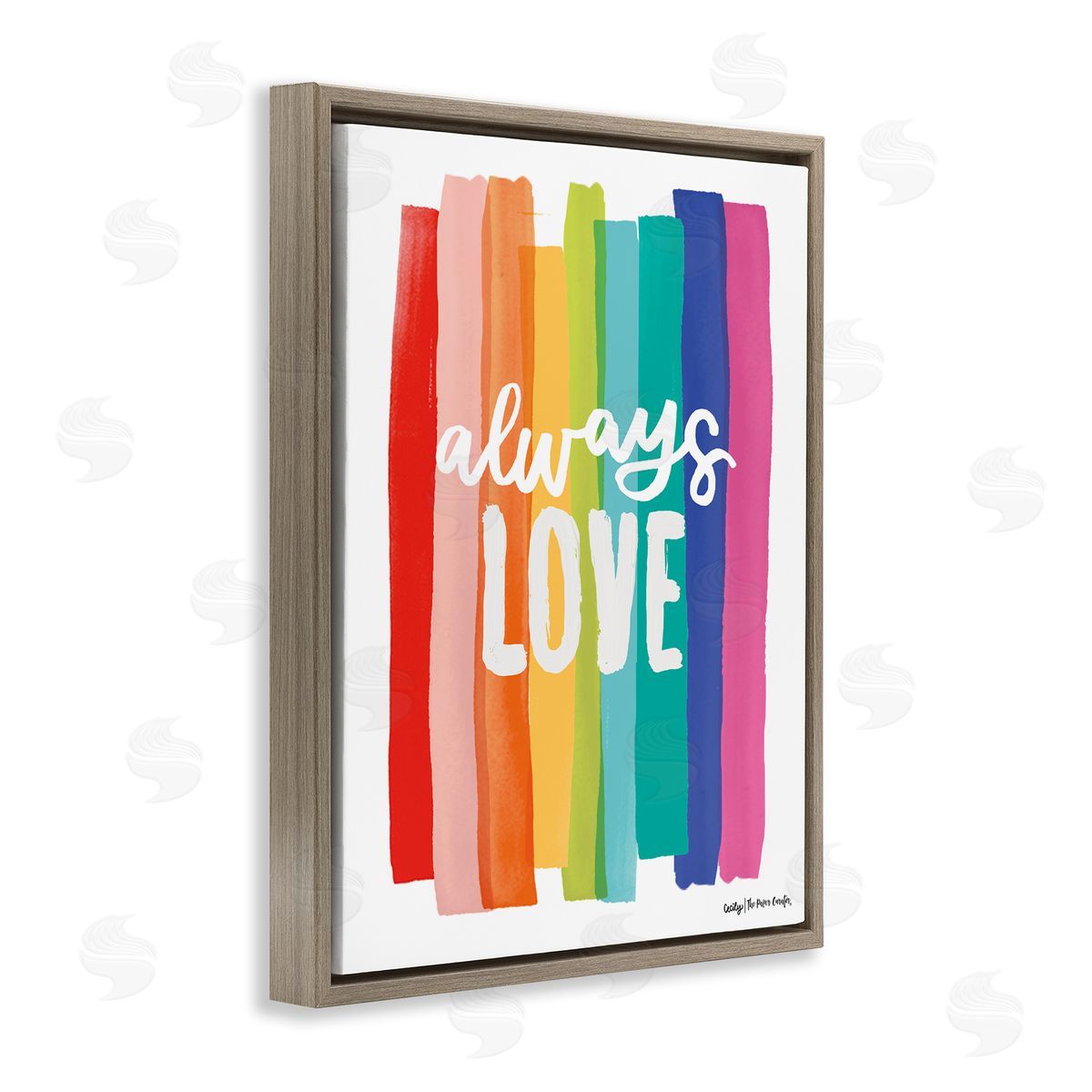 Cecily Moore Always Love Rainbow Striped Brushstrokes Calligraphy Brown Floating Frame Canvas Wall Art Print
