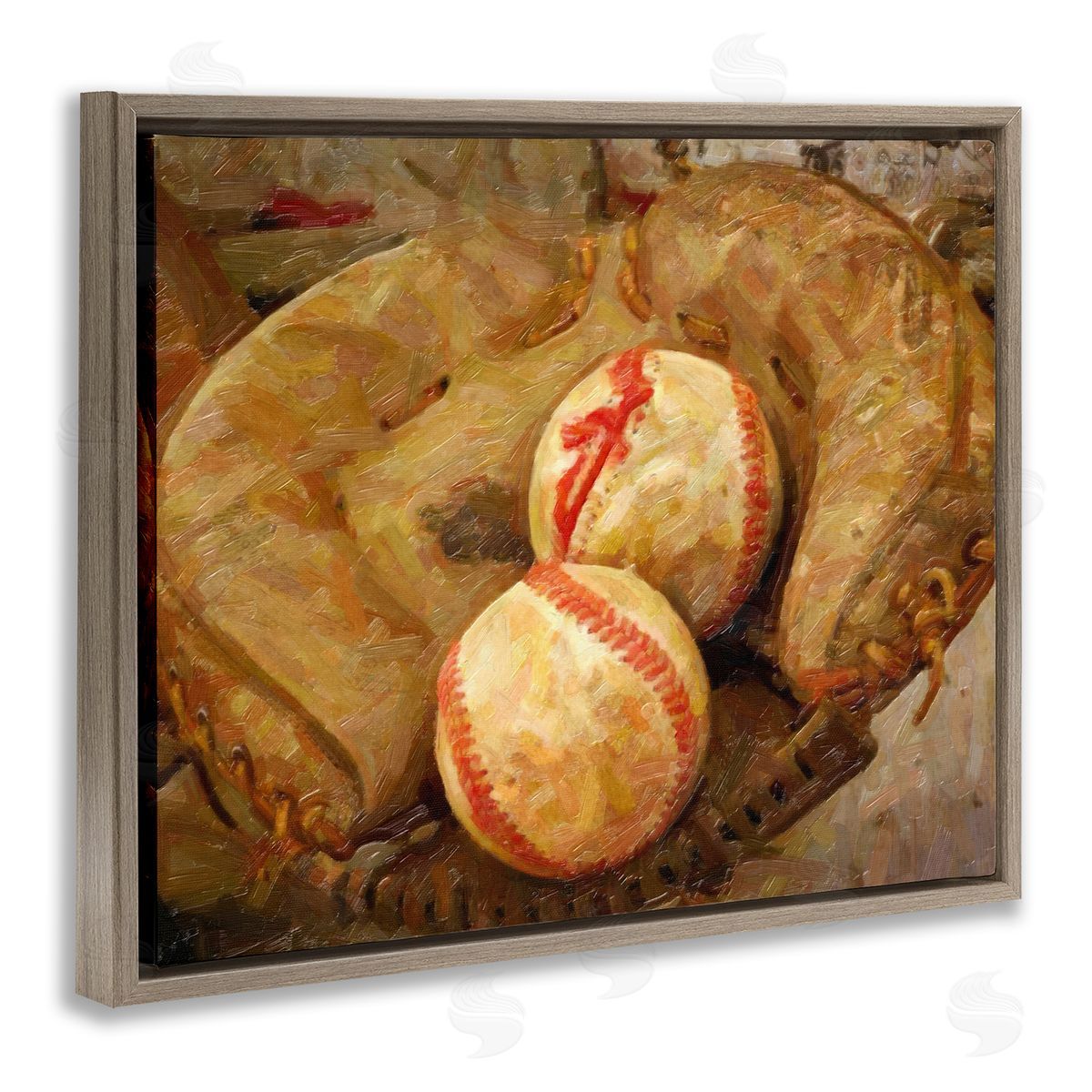 Graffitee Studios Detailed Baseball Glove Mitt Holding Sports Balls Brown Floating Frame Canvas Wall Art Print